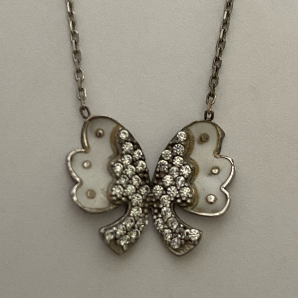 925 Silver handmade enamel bow cz stones necklace
